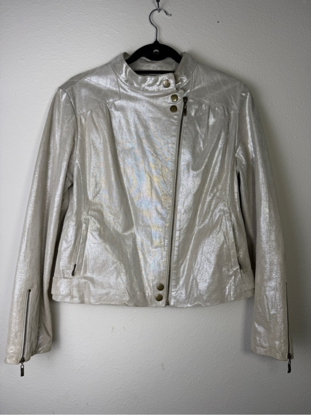LIVE A LITTLE Womens Jacket M Pearlescent Leather Pearl Metallic Moto Shimmer
